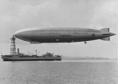 USS Los Angeles (ZR-3) moored to USS Patoka (AO-9), off Panama during Fleet Problem XII, circa February 1931..jpg