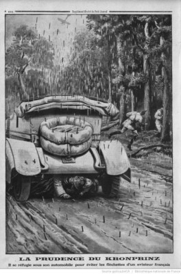 German Crown Prince takes cover under his car from darts dropped by a French plane. Illustration from the Petit Journal, August 1915.jpg